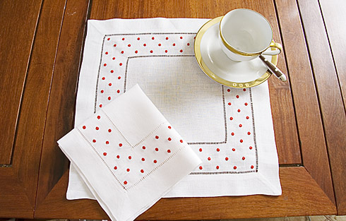 Square Linen Placemat. Red Swiss Polka Dots. 14"square. Each.